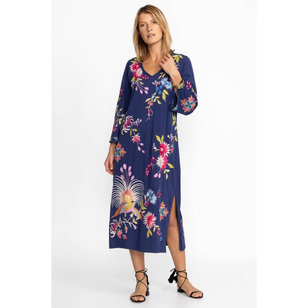 NWT Johnny Was JULIE KIMONO embroidered Midi Tee Dress Navy Blue Boho S